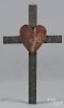 Painted mahogany cross with heart, early 20th c., retaining its original surface, 20'' h.