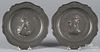 Pair of Continental etched and embossed pewter plates, 19th c., 9 5/8'' dia.