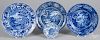 Three blue Staffordshire English scenery plates, together with a toddy plate, 4 3/8'' - 10 1/8'' dia.