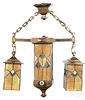 Arts and Crafts brass and leaded glass chandelier, 24'' h.