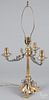 Engraved brass and silver plated candelabrum table lamp, 30'' h.