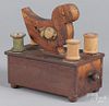 Walnut sewing box, 19th c., with bird form cushion, the drawer filled with antique buttons, 8 1/2'' h