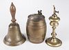 Brass tankard, 19th c., together with a bell and fluid lamp, tallest - 9 3/4''.