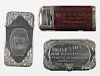 Three advertising match vesta safes, to include one nickel silver, inscribed Compliments of the Gen
