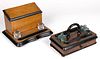 WOODEN INKSTANDS / LETTER BOXES WITH INKWELLS, LOT OF TWO