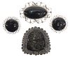 (3) SILVER & BLACK HARDSTONE BROOCHES & EARRINGS, MEXICO