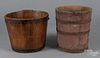 Two staved buckets, ca. 1900, one in old red paint, 12 1/2 h. and 10 3/4'' h.