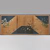 Rimpa School: Two Japanese Six Panel Screens 'Flowers and Birds Against a Gold Leaf Bridge'
