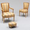 Louis XVI Giltwood Fauteuil en Cabriolet, together with a Matching Chaise and a Tabouret