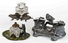 ANTIQUE ANIMAL FIGURAL SILVER-PLATED AND METAL INKWELLS AND INKSTAND, LOT OF THREE