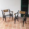 Pair antique painted cast iron garden benches