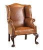 George II Style Brown Leather Upholstered Wing Chair