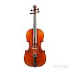 French Violin, labeled J Grandjon a Paris/Fabrique de Mirecourt/105 Boulevard Sebastopol et Rue Reaumur 74, length of back 35