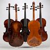 Five Violins, two with decorated backs, three with lion's head scrolls, length of back 361, 360, 360, 354, and 356 mm.