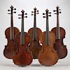 Five Violins, length of back 364, 358, 354, 358, and 361 mm.