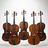 Five Violins, length of back 360, 355, 362, 359, and 360 mm.