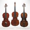 Three Violins, labeled MADE IN FRANCE, Felice Beretta, and W.G. Latimer, length of back 358, 360, and 360 mm.