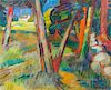 Karl Schrag, (American, 1912-1995), Sunlit House Through Trees