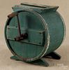 Painted pine butter churn, 19th c., retaining a later green surface, 16 1/2'' h., 15'' w.