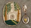 Silkwork memorial, early 19th c., 4 3/4'' x 3 1/2'', together with a locket with a hairwork memorial