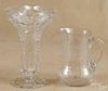 Heisey etched glass vase, 10 1/2'' h., together with a pressed glass vase, 11'' h., and a pitcher