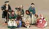 Five Royal Doulton porcelain figures, 20th c., to include The Clockmaker, Silks and Ribbons