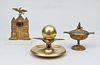 Brass Eagle-Form Inkwell, a Gilt-Bronze Watch Holder, a Brass Covered Tazza, and a Miniature Fireplace and Fire Tool Set