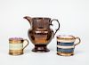 English Copper Lustre Pottery Cream Jug and Two Small Mugs