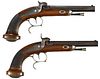 Matched pair of Belgian back action percussion pistols, approximately .45 caliber, with German sil