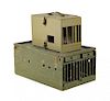 USAAF 280th Signal Pigeon Co. parachute drop wood cage, having four compartments with unit insignia on lid, 10" h., 22" w., 