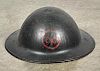 U.S. WW I 27th division Brodie helmet, with painted insignia and original liner, stamped HS79 on