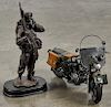 Contemporary tin Army Indian motorcycle, 15 1/2'' l., together with a resin statue of a soldier, 15