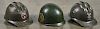 Two plastic Army helmets, to include one with Seabees sticker, one with Fighting 40 Seabees stic