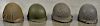Four WW II era helmets, three with mesh covers, all with liners, together with a mesh net with bur