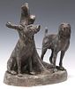 PATINATED BRONZE FIGURAL SCULPTURE, PAIR OF HOUNDS
