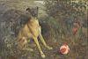 EMMS. Oil on Canvas. Seated Dog with Ball.