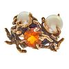 Fire Opal, Cultured Pearl, 14k Yellow Gold Ring