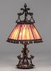 Unusual Arts & Crafts Period Hand-Forged Iron & Leaded Glass Lamp c1910