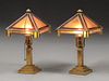 Pair Prairie School Brass & Amber Leaded Glass Lamps c1910