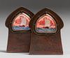 Boston Arts & Crafts Hammered Copper & Enamel Bookends c1905
