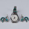 3pc Sterling Silver and Turquoise Earrings and Watch