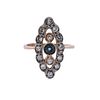 18k Gold Antique Navette Ring with Diamonds and Sapphires