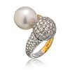 Vintage Bypass Pave Diamond & South Sea White Pearl Gold Ring.