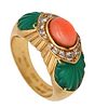 Cartier Paris Cocktail Ring In 18Kt Gold With 6.02 Ctw Diamonds Coral And Chrysoprase