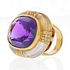 18K Yellow Gold Large Oval Amethyst And Rock Crystal Estate Diamond Ring