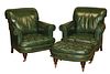 PAIR OF LEATHER CLUB ARMCHAIRS & OTTOMAN