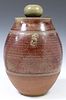 LARGE THROWN & GLAZED STONEWARE POTTERY COVERED JAR