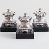 Set of Three Silvered Brass Earl's Coronet Finials on Wood Bases