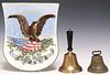 (3) METTLACH AMERICAN EAGLE POTTERY PLAQUE & BRASS BELLS