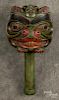 Northwest Coast style carved and painted ceremonial beaver rattle, 13" l.